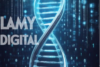 Logo représentant un double helice d'ADN bleu sur fond façon matrix 